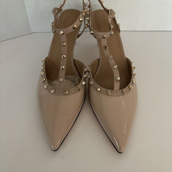 Unbranded Shoes - Womens 13 Nude Patent Leather Pointy Toe Studs T Strap Slingback Mid Heel Shoe